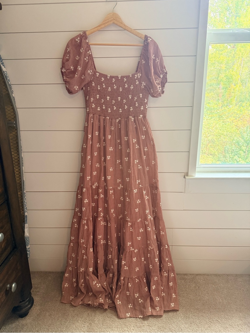 Altar’d State Mauve Floral Embroidered Smocked Maxi Dress M